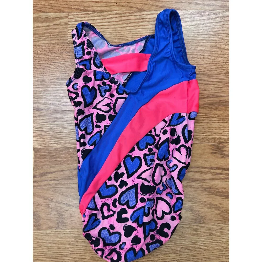 Pre-Owned Dance Gymnastics Leotard Motionwear 6x-7 Child Pink Blue Heart Acro T